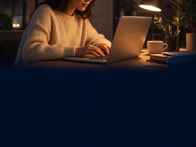 An author at a laptop with a warm lamp and a cup of coffee