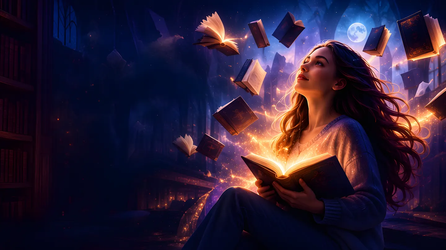 A reader holding an open book that glows in a midnight library